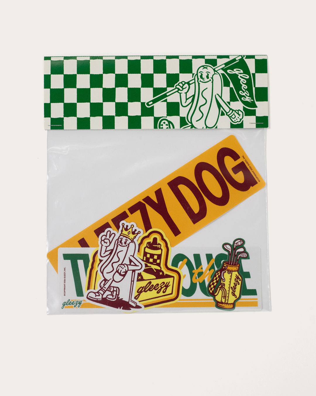 Packaged stickers with brand logos on a white background