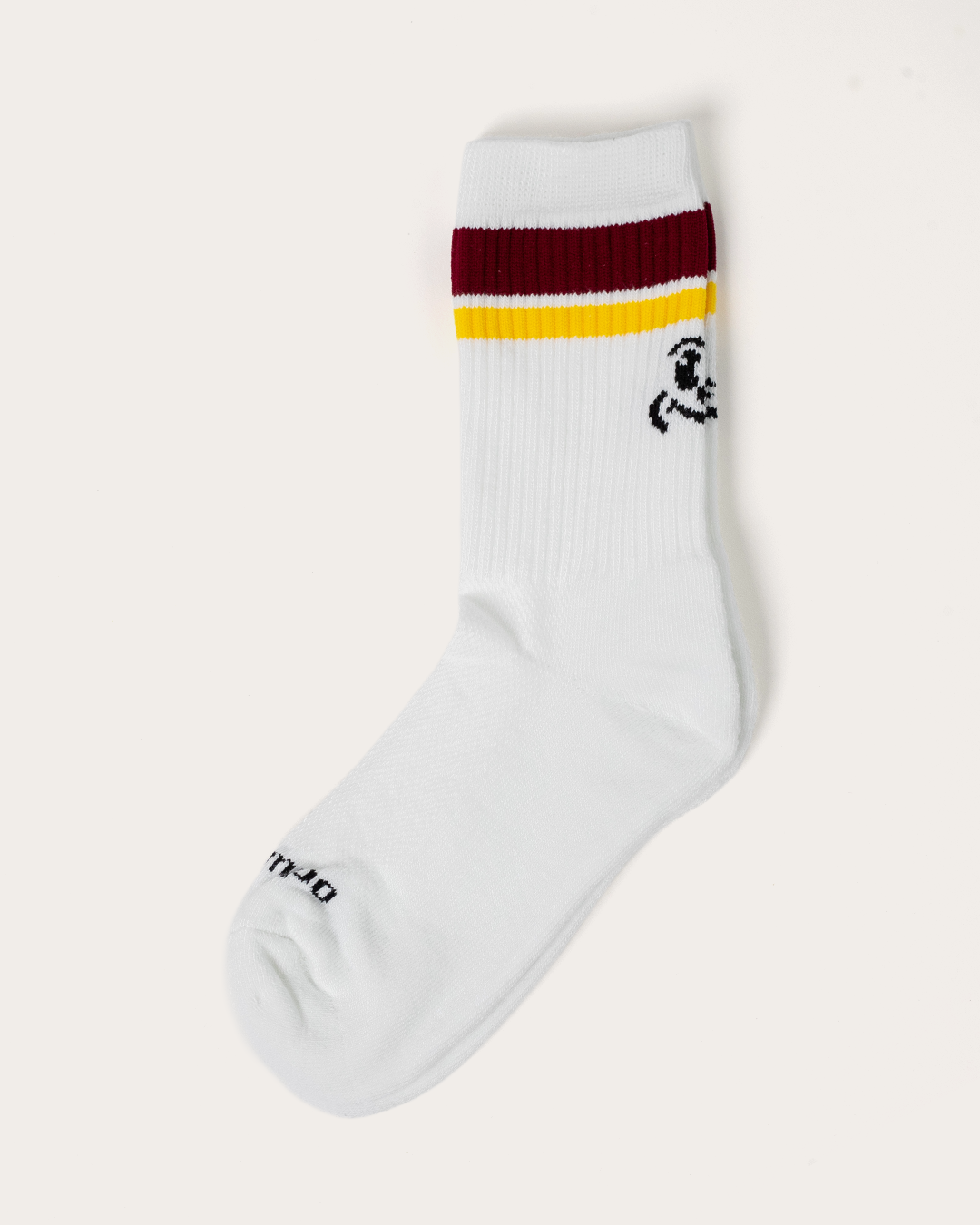 White crew sock with maroon and yellow stripes and a small Gleezy hot dog mascot icon