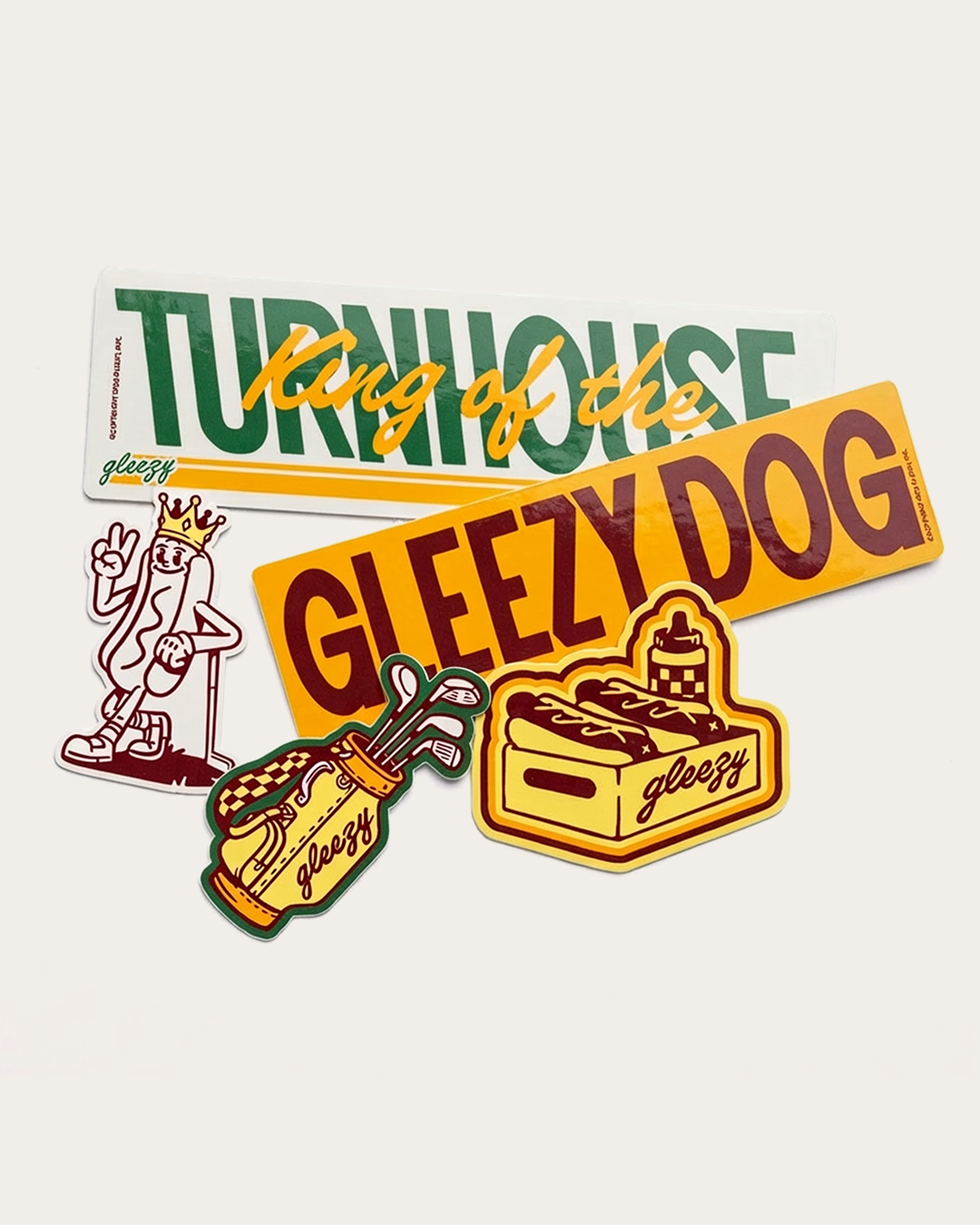 Set of colorful stickers with 'Turnhouse King of the Gleezy Dog' text and graphics on a white background.